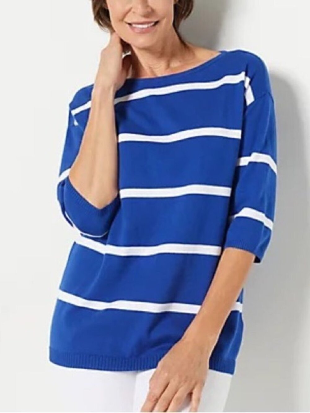 Denim & Co. Striped Drop-Shoulder Boat Neck Sweater